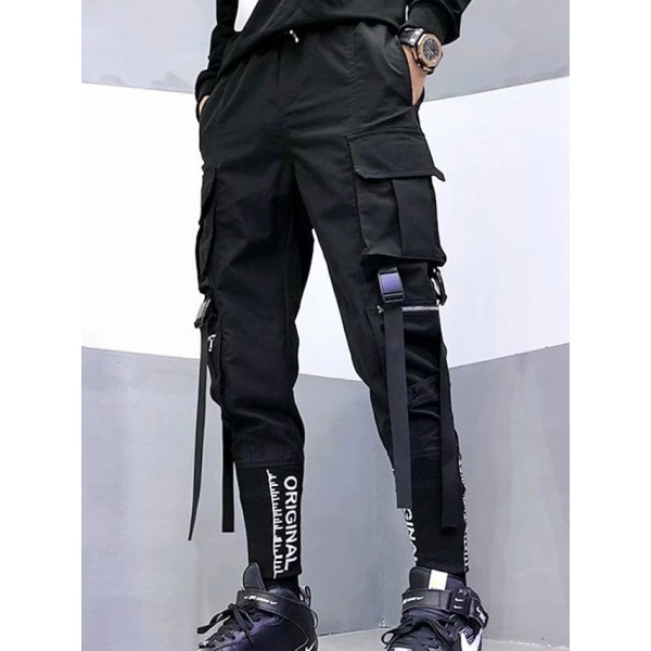 Men's Joggers Tactical Cargo Trousers Pocket Classic Multiple Pockets Solid Color Letter Comfort Outdoor Full Length Pants Casual Daily Streetwear Stylish Loose Fit Black Micro-elastic / Drawstring