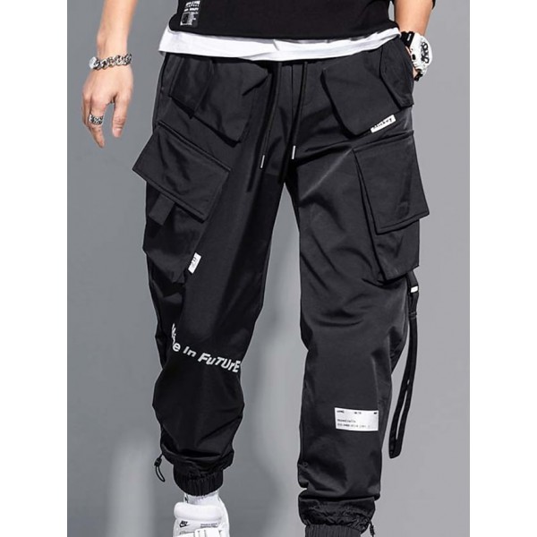 Men's Cargo Pants Drawstring Elastic Waist Letter Breathable Lightweight Full Length Pants Casual Daily Cotton Fashion Trousers Black Blue Micro-elastic / Elasticity