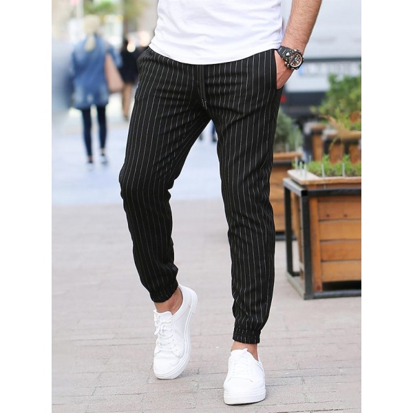 Men's Chinos Trousers Pocket Stripe Breathable Soft Ankle-Length Pants Business Casual Fashion Streetwear Black Micro-elastic / Drawstring / Elasticity