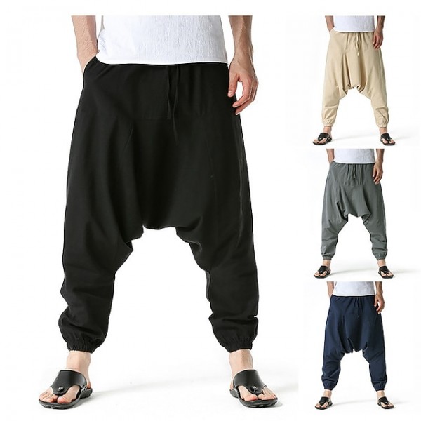 Men's Harem Sweatpants Baggy Drawstring Elastic Waist Solid Color Breathable Lightweight Full Length Pants Casual Daily Cotton Casual Black Khaki Micro-elastic / Elasticity