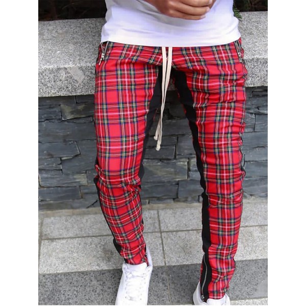 Men's Chinos Trousers Pocket Elastic Drawstring Design Lattice Breathable Soft Pants Casual Daily Fashion Streetwear Red Micro-elastic