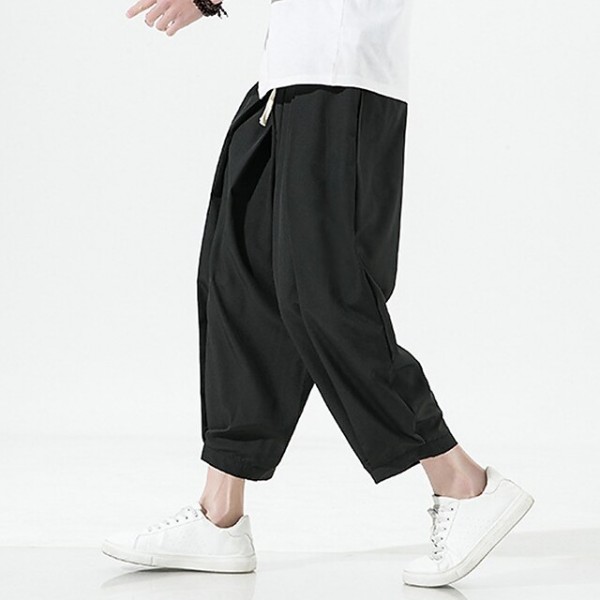 Men's Culottes Wide Leg Bloomers Pocket Elastic Waist Solid Color Comfort Breathable Pants Casual Daily Streetwear Chinese Style Green Black / Summer / Elasticity