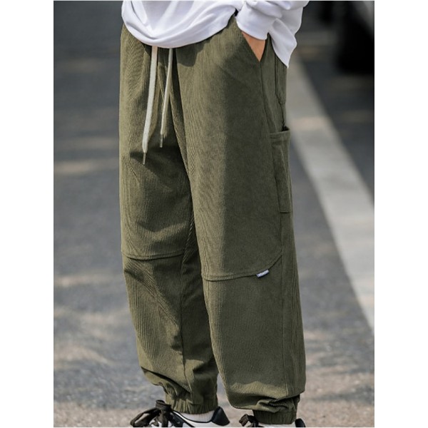 Men's Joggers Trousers Winter Pants Drawstring Elastic Waist Solid Color Comfort Breathable Pants Casual Daily Corduroy Sports Fashion Green Black Micro-elastic / Elasticity