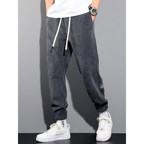 Men's Joggers Solid Color Windproof Warm Full Length Pants Casual Daily Corduroy Retro Vintage Casual Black Gray Inelastic / Drawstring