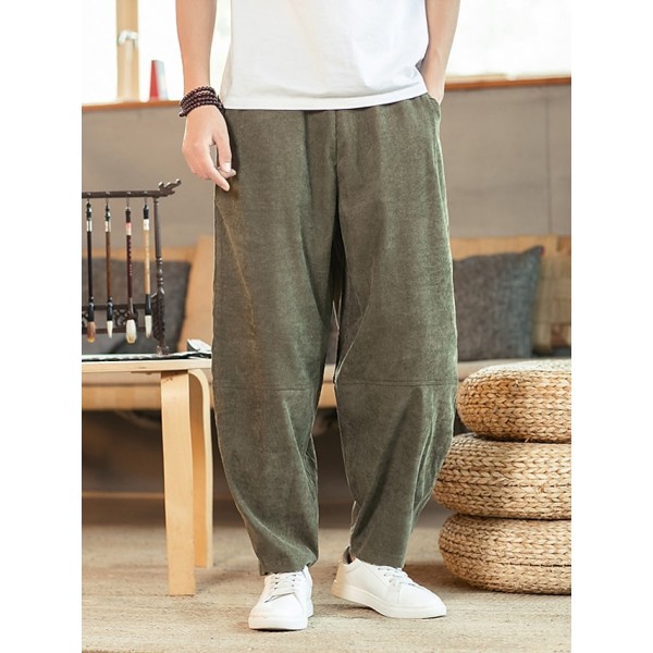 Men's Straight Trousers Harem Pants Drawstring Elastic Waist Solid Color Comfort Breathable Pants Casual Daily Corduroy Sports Fashion Loose Fit ArmyGreen Grey Micro-elastic / Elasticity