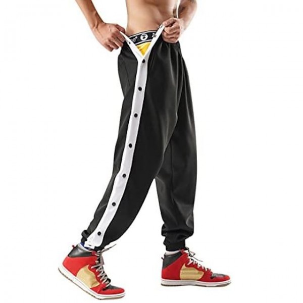 Men's Casual Sweatpants Basketball Pants Tear Away Pants Button Down Striped Easy To Wear High Split Snap Button Jogger Pants with Pocket Workout (Black, XXL)