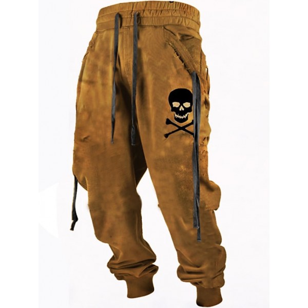 Men's Joggers Trousers Cargo Pants Drawstring Ribbon Print Graphic Skull Comfort Breathable Pants Casual Daily Cotton Blend Sports Fashion Brown Micro-elastic / Elasticity