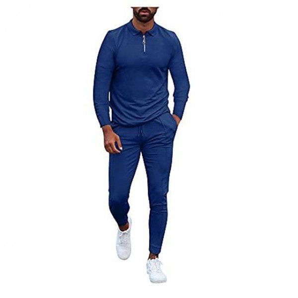 Men's Side Stripe Zipper Jacket Drawstring Waistband Tracksuit Casual Tracksuit Long Sleeve Running Jogging Athletic Sports Set Tracksuits Sweatshirt Joggers Color Block Sweatsuit 2 Pcs A266 Blue