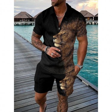 2-Piece Men's Athleisure Zipped Wear Short-sleeved Shorts Sports Casual Suit