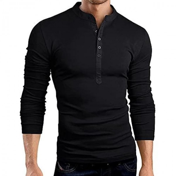 Men's Long Sleeve Henry Polo Shirt Button Patchwork V Neck Stand-up Collar Body Shaper Fall Comfy Casual Tee Tops