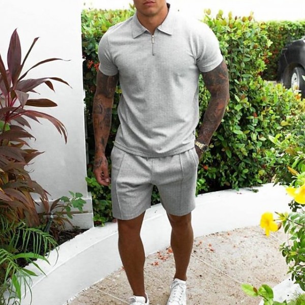 Men's 2 Piece Set Crop Top Shirt Collar Solid Color Sport Athleisure Clothing Suit Short Sleeves Breathable Soft Comfortable Everyday Use Street Casual Athleisure Daily Activewear Outdoor / 2 Pieces