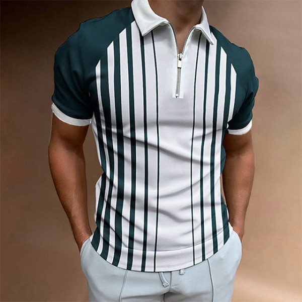 Men's Golf Shirt Print Striped Turndown Casual Daily Street Vacation Zipper Print Short Sleeve Tops Casual Fashion Breathable Comfortable Green Summer Shirt Quick Dry