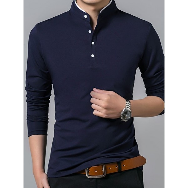 Men's Golf Shirt Solid Color Standing Collar White Black Gray Red Navy Blue Long Sleeve Outdoor Street Button-Down Tops Cotton Casual Comfortable