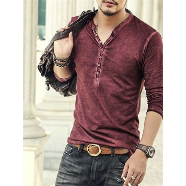 Men's T shirt Tee Henley Shirt Solid Color Henley Green Black Blue Red Long Sleeve Plus Size Street Casual Button-Down Tops Basic Casual Classic Muscle