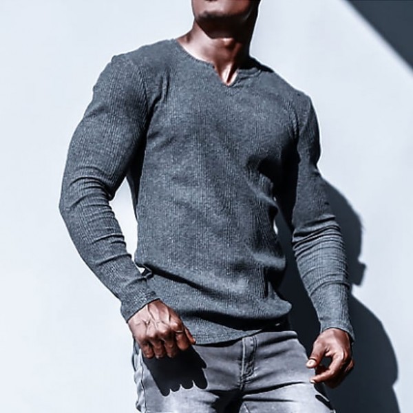 Men's T shirt Tee Solid Color V Neck Dark Gray Long Sleeve Street Daily Tops Fashion Casual Comfortable