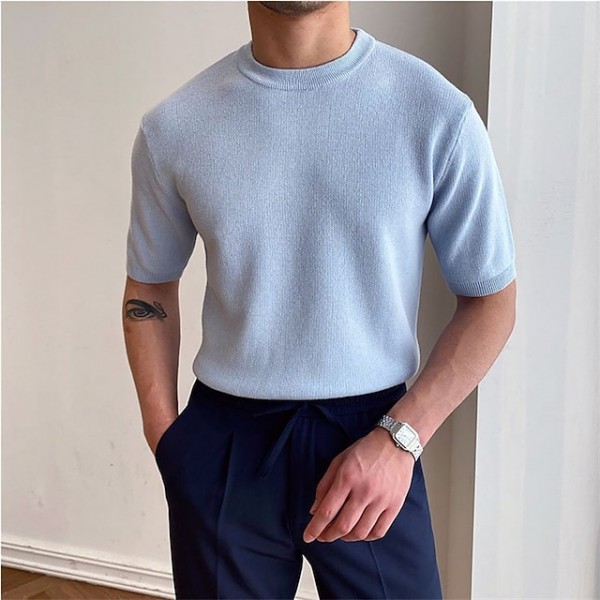 Men's T shirt Tee Solid Color Crew Neck Light Blue Half Sleeve Street Daily Tops Fashion Casual Comfortable / Beach