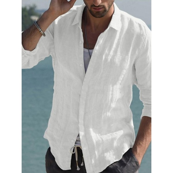 Men's Shirt 100% Cotton Solid Color Casual Daily Street Button-Down Long Sleeve Casual Tops Lightweight Classic Modern White Fashion Comfortable Breathable Summer Fall