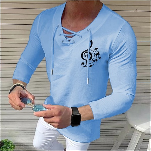 Men's Shirt Solid Color Notes V Neck White Black Blue Gray Pink 3/4-Length Sleeve Outdoor Street Drawstring Print Tops Fashion Designer Casual Breathable / Summer / Spring / Summer