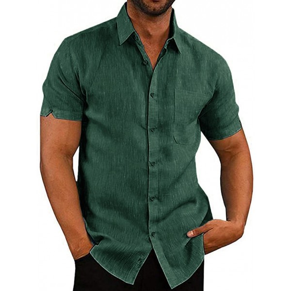 Men's Shirt Cotton Solid Colored Collar Button Down Causal Street Work Daily Short Sleeve Tops Basic Green White Black Summer Shirt Outdoor Comfortable Breathable Quick Dry