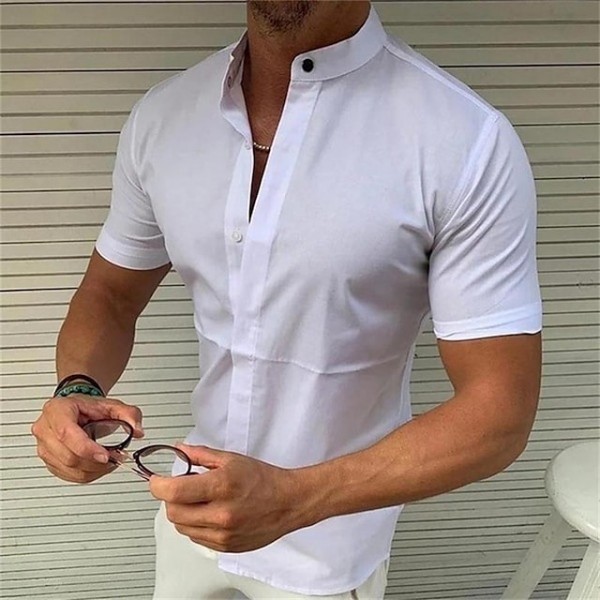 Men's Shirt Solid Color Stand Collar White Black Red Short Sleeve Outdoor Street Button-Down Tops Fashion Casual Breathable Comfortable / Summer / Summer