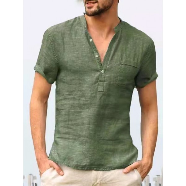 Men's Shirt 100% Cotton Solid Colored Classic Pocket Short Sleeve Tops Casual Daily Street Outdoor Stylish Modern Style Basic V Neck Gray Green White Summer Comfortable Breathable Soft Lightweight