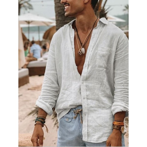 Men's Casual Shirt 100% Cotton Solid Color Collar Button Down Street Daily Outdoor Long Sleeve Tops Simple Lightweight Breathable Comfortable Green White Vacation Beach Travel Holiday