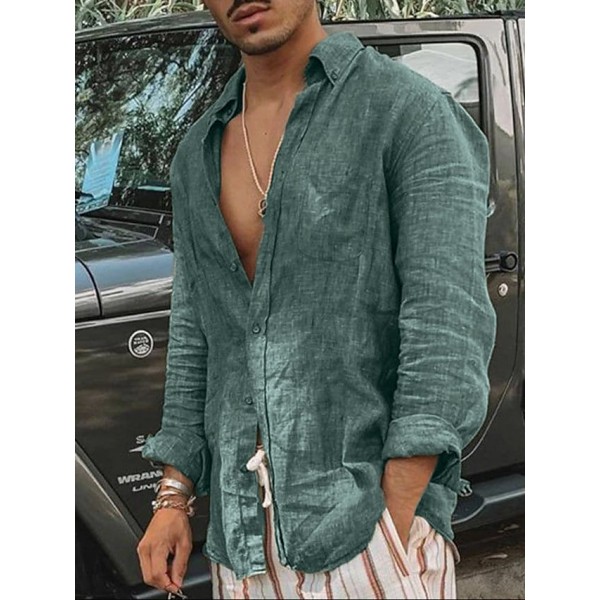 Men's summer new style solid color long-sleeved street thin button cotton shirt large size European casual men's shirt