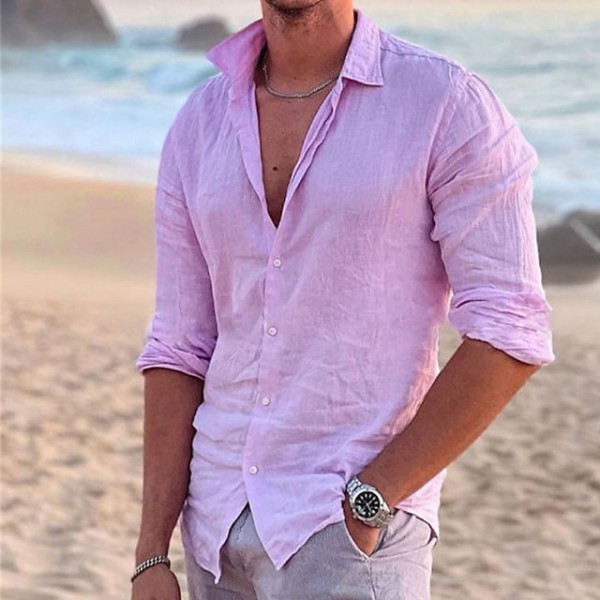 Men's Linen Cotton Shirt Solid Color Turndown Street Casual Daily Outdoor Button-Down Long Sleeve Tops Casual Fashion Breathable Comfortable Lightweight Beach Pink Summer Fall Autumn