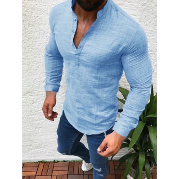 Men's Shirt Solid Colored Plus Size Collar Round Neck Long Sleeve Tops Cotton Simple Comfortable White Black Gray Causal Daily Work Beach Comfortable Soft Summer