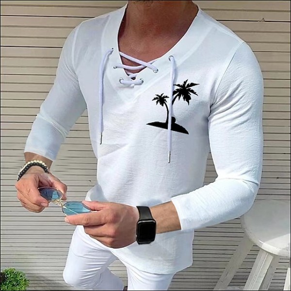 Men's Shirt Solid Color Tree V Neck White Black Blue Gray Pink 3/4-Length Sleeve Outdoor Street Drawstring Print Tops Fashion Designer Casual Breathable / Summer / Spring / Summer