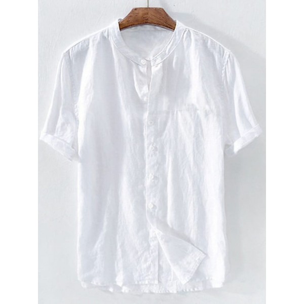 Men's Shirt 100% Cotton Solid Colored Collar Standing Collar Office Career Causal Patchwork Short Sleeve Tops Cotton Basic Casual Daily White Blue Summer Comfortable Lightweight