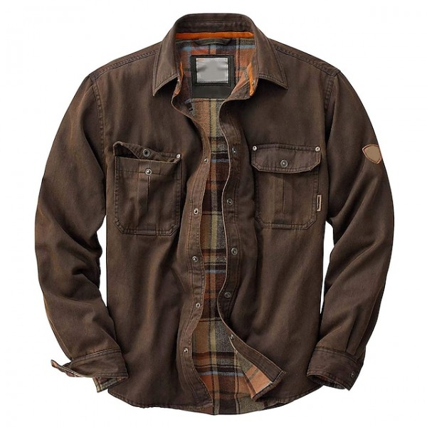 Men's Flannel Shirt Shirt Jacket Solid Color Turndown Army Green Brown Coffee Long Sleeve Street Daily Button-Down Tops Fashion Casual Comfortable / Beach