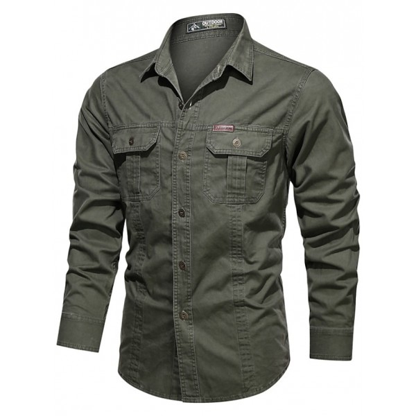 Men's Shirt Cargo Shirt Shirt Jacket Solid Color Turndown White Blue Army Green Khaki Long Sleeve Casual Daily Tops Cotton Casual Retro