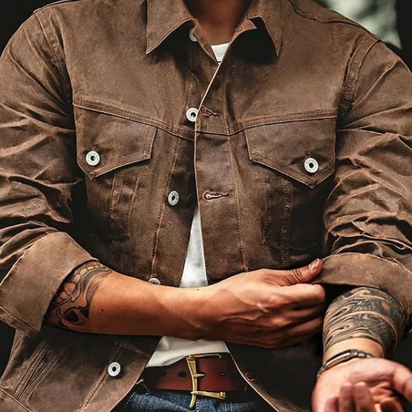 Men's Lapel Button Biker Vintage Jacket