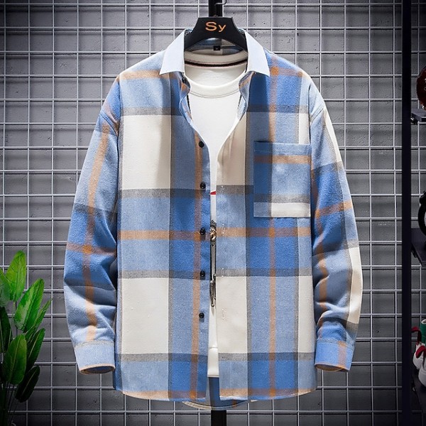 Men's Shirt Shirt Jacket Plaid Turndown Green Blue Yellow Red Long Sleeve Outdoor Street Button-Down Tops Fashion Streetwear Casual Comfortable / Summer / Spring / Summer