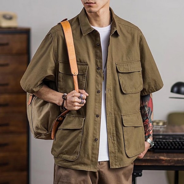 Men's Shirt Shirt Jacket Solid Color Turndown Khaki Long Sleeve Outdoor Street Button-Down Tops Fashion Casual Breathable Comfortable / Summer / Spring / Summer