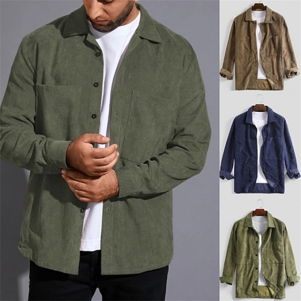 Men's Shirt Shirt Jacket Solid Color Turndown Army Green Brown Navy Blue Long Sleeve Outdoor Street Button-Down Tops Fashion Casual Breathable Comfortable