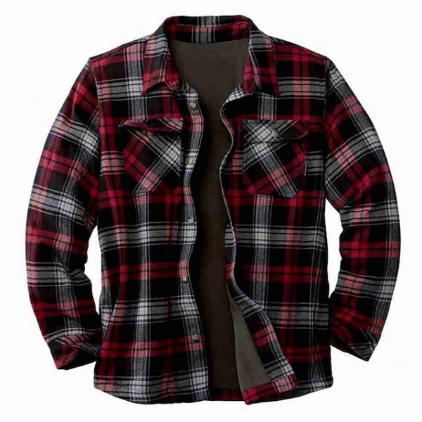 Men's Shirt Jacket Stripes and Plaid Turndown Blue Wine Long Sleeve Print Street Daily Pocket Tops Streetwear Casual / Winter / Winter