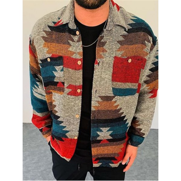 Men's Jacket Regular Pocket Print Coat Gray Sporty Street Fall Single Breasted Turndown Regular Fit S M L XL XXL 3XL / Long Sleeve / Geometric