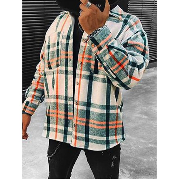 Men's Shirt Shirt Jacket Plaid Collar Beige Long Sleeve Outdoor Street Button-Down Print Tops Fashion Casual Comfortable / Winter / Fall / Winter