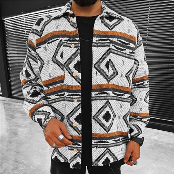 Men's Thick Shirt Shirt Jacket Argyle Turndown White Long Sleeve Print Daily Vacation Button-Down Tops Fashion Casual Comfortable / Winter / Fall / Winter