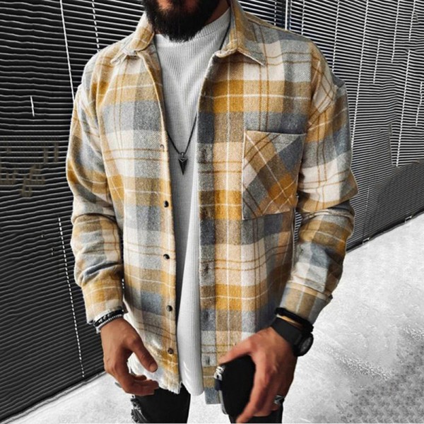 Men's Thick Shirt Plaid Collar Street Daily Casual Button-Down Print Long Sleeve Tops Fashion Comfortable Winter Fall Warm Yellow Pocket