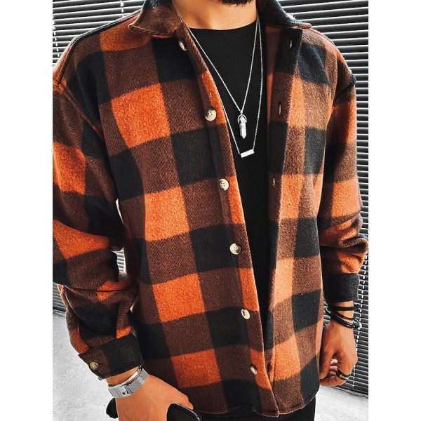 Men's Shirt Jacket Plaid / Check Turndown Yellow Long Sleeve Outdoor Street Pocket Tops Streetwear Sporty Casual / Fall