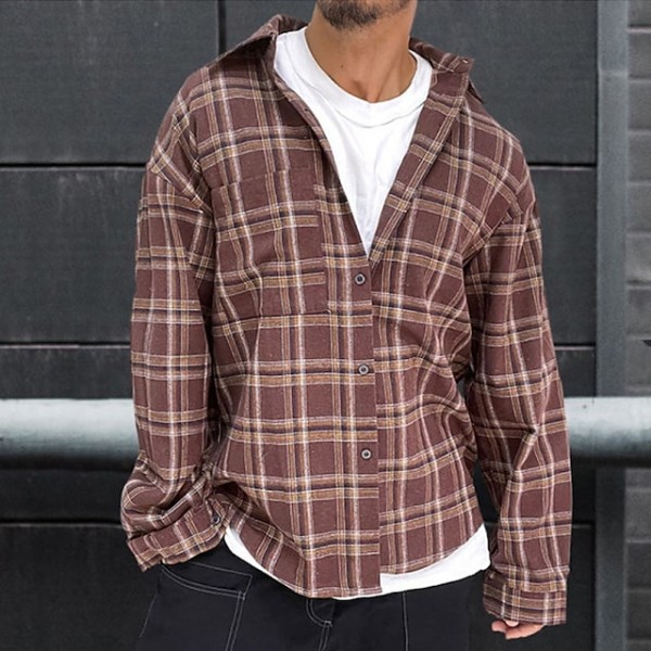 Men's Shirt Shirt Jacket Plaid Turndown Fuchsia Long Sleeve Street Daily Button-Down Tops Fashion Casual Comfortable / Beach