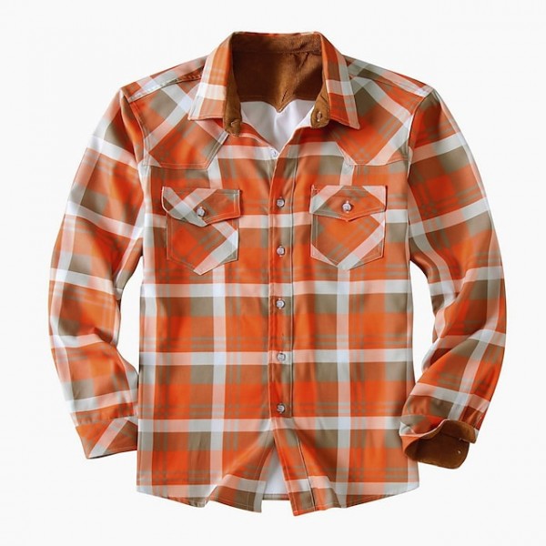 Men's Shirt Shirt Jacket Solid Color Turndown Orange Long Sleeve Street Daily Button-Down Tops Casual Comfortable