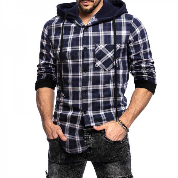 Men's Thick Shirt Shirt Jacket Plaid Hooded Navy Blue Long Sleeve Print Street Daily Button-Down Tops Casual Comfortable Pocket / Winter / Fall / Winter