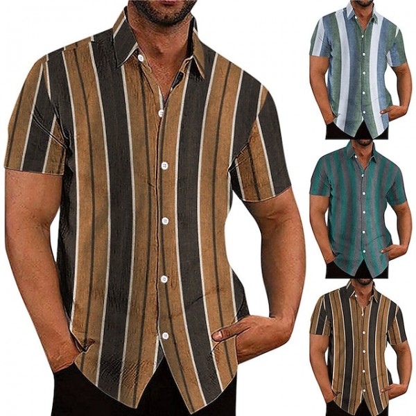 Men's Shirt Striped Turndown Green Blue Khaki Short Sleeves 3D Print Outdoor Street Button-Down Print Tops Designer Casual Breathable / Summer / Spring / Summer