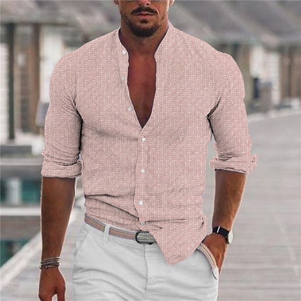 Men's Shirt Geometry Stand Collar Pink Long Sleeve 3D Print Outdoor Casual Button-Down Print Tops Fashion Designer Casual Comfortable / Sports