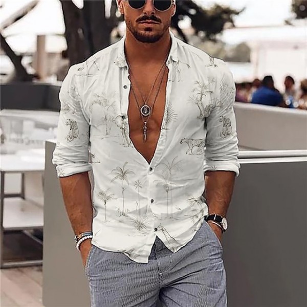 Men's Shirt Animal Elephant Coconut Tree Turndown Beige Long Sleeve 3D Print Outdoor Street Button-Down Print Tops Fashion Designer Casual Breathable