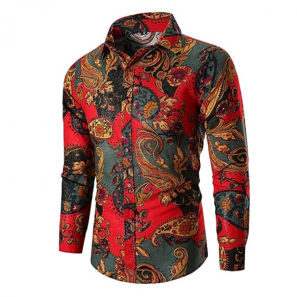 Men's Shirt Graphic Classic Collar Green Red Long Sleeve Casual Tops Vintage